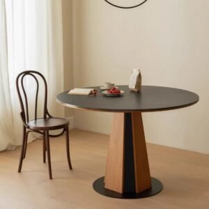 Lanmeng Island Modern Minimalist Black Sintered Stone Round Dining Table With Wood Base for Home and Restaurant