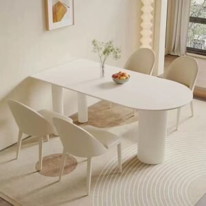 Lanmeng Island Modern Minimalist Creamy White Sintered Stone Dining Table Set for 4 Chairs With Three Legs for Small Home