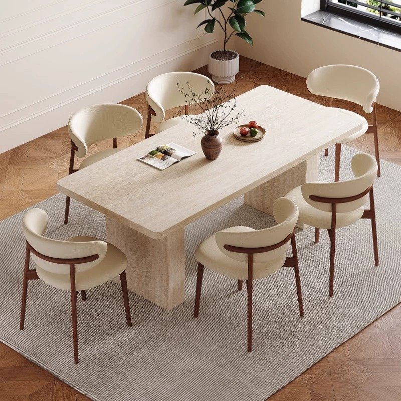 Lanmeng Island French Retro Simple Home Furniture Set Kitchen Table Travertine Rectangular Dining Table Combination fo