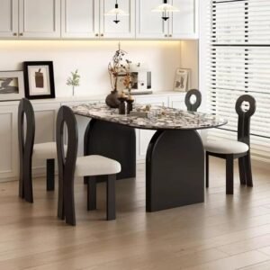 Lanmeng Island Modern Stone Oval Dining Table With Double Black Pedestal Base for Home Hotel Living Room Furniture