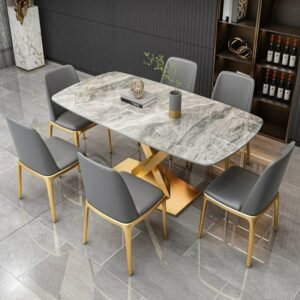 Lanmeng Island Hot Selling Luxury Marble Rectangular Marble Dining Table Set Dining Room Furniture Stone Table With Gold Stainless Steel Leg
