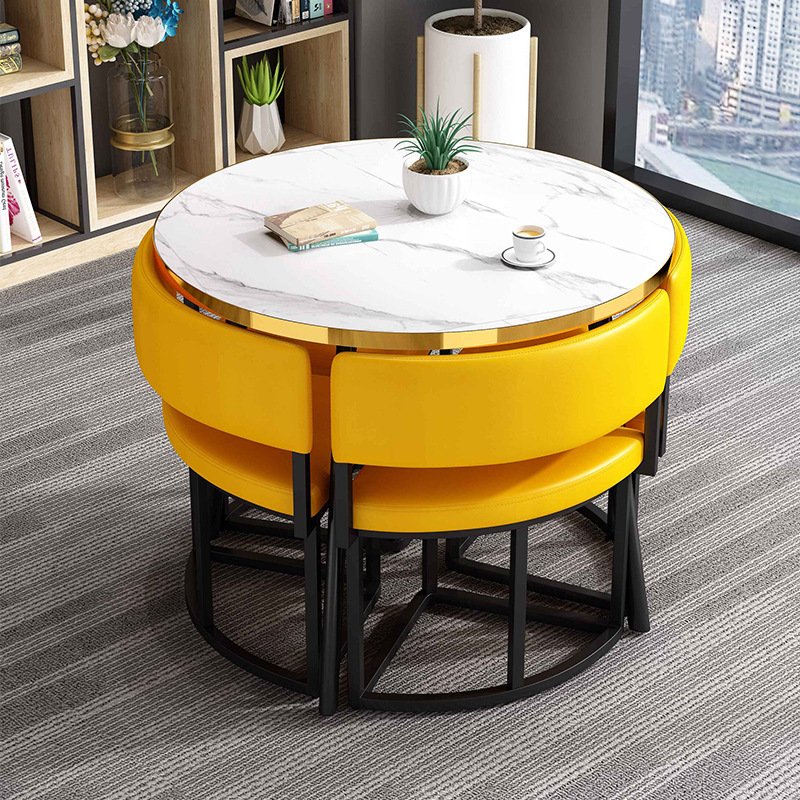Lanmeng Island Wholesale Cheap Restaurant Set 1Table 4 Chairs Modern Luxury Dining Table Set Dining Room Furniture Wooden Tables Metals Chairs