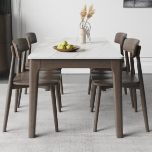 Lanmeng Island Modern Simple Rectangular Walnut Scandinavian Style Dining Table Set 6 Seater Dining Chairs for Small Apartment Home Use