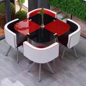 Lanmeng Island Modern Restaurant Furniture Dining Table Sets 4 Chairs Chromed Stainless Steel Powder Coating Frame Tempered Glass Dining Table