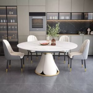 Lanmeng Island Luxury Modern Sintered Stone Rotating Round Extendable Dinning Table for 6 for Dining Room Restaurant Kitchen Furniture