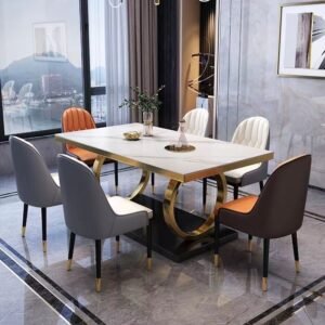 Lanmeng Island Light Luxury Modern Sintered Stone Top Dining Table Set 4 6 8 Seater Stainless Steel Base for Hotel Home Kitchen Living Room