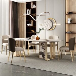 Lanmeng Island Light Luxury Sintered Stone Top Dining Set Rectangle Stainless Steel Dining Table Set for 8 Dining Room Furniture