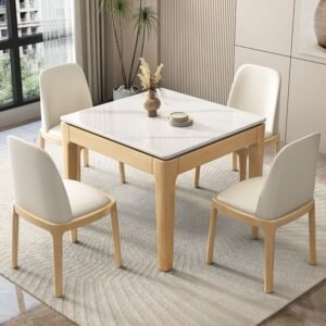 Lanmeng Island Modern White Stone Square Dining Table Set 4 Seat Kitchen Table with Wood Legs Home Furniture Restaurant Set