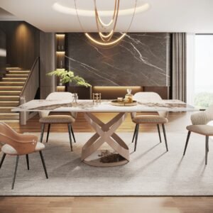 Lanmeng Island Contemporary Dining Table for 8 Bright Rectangular Sintered Stone Top Dining Table Set for Dining Room Furniture