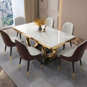 Lanmeng Island Most Popular Italian Light Luxury Marble Dining Table Gold Stainless Steel Leg for Hotels Villas Home Apartment Dining Table Set