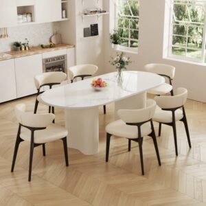 Lanmeng Island Hot Selling Modern Oval Dining Table Set Glossy White Sintered Stone Restaurant Table Chair Dining Room Furniture