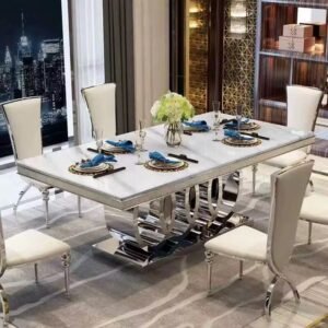 Lanmeng Island Most Popular Modern Luxury Design Large Marble Dining Table Set Stainless Steel Base Table for Hotel Home Dining Room Furniture