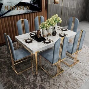 Lanmeng Island Light Luxury Gold Stainless Steel Frame Dining Table Set Chairs With Modern Table Large Apartment Home Furniture