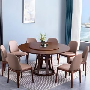 Lanmeng Island Nordic Modern Solid Wood Round Brown Wood Modern Dining Table Set With Round Rotating Top for Restaurant Family Hotel