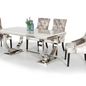 Lanmeng Island Luxury Modern Italian Marble Dining Table High End Silver Stainless Steel Base Rectangular Dining Table