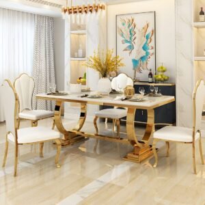 Lanmeng Island High End Home Furniture Stainless Steel Base Rectangular Marble Top Luxury Modern Kitchen Dining Table Set