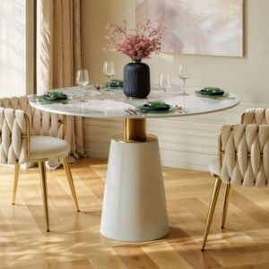 Lanmeng Island Modern Restaurant Furniture 39" Round Dining Table Sintered Stone Saddle Leather Base Coffee Table 2-4 Seats for Hotel Kitchen