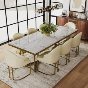 Lanmeng Island Modern Marble Dining Table for Rectangular Marble Tabletop With Gold Stainless Steel Legs Luxury Contemporary Dining Furniture