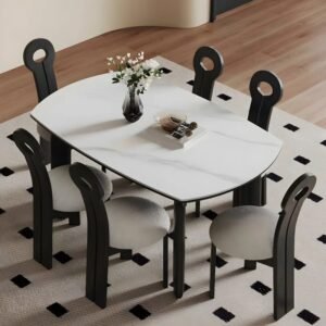 Lanmeng Island Modern Solid Wood Extendable Dining Table Slate Top Kitchen Table Telescopic Folding Dining Table for Home Apartment Restaurant