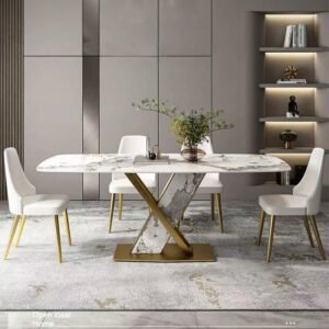 Lanmeng Island Italian Modern White 6 Seater Dinning Room Table 4 Chairs Set Luxury Sintered Stone Dining Table and 6 Chairs