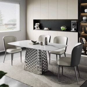Lanmeng Island Modern Simple Sintered Stone Rectangle Silver Metal Base Dining Table Home Furniture for Apartment