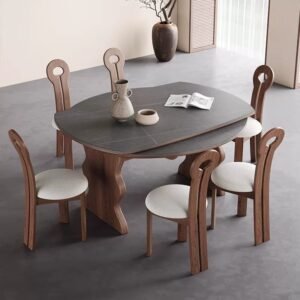 Lanmeng Island Modern Extendable Retractable Solid Wood Dining Table Convertible Round Kitchen Table for Small Home or Apartment Furniture