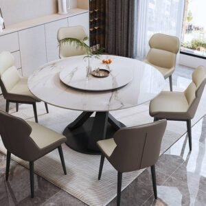 Lanmeng Island Wholesale Modern Home Dining Room Furniture Modern White Stone Round Turntable Rotating Dining Table Set With 6 Chair