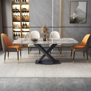 Lanmeng Island Modern Marble Top Dining Table With Black Metal Frame Dining Room Set for Kitchen and Apartment Use