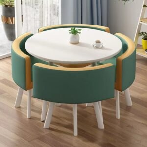 Lanmeng Island Hot Selling Modern Nordic Luxury Round White 25MM MDF Top Dining Table Set 4 Seats PU Leather Chairs Restaurant Hotel Apartment