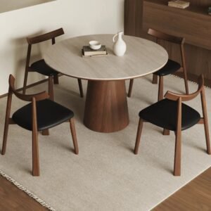 Lanmeng Island Modern Design Dining Table Nordic Chairs Set Sintered Stone Top 4 Seater Black Walnut Finish Apartment Dining Room