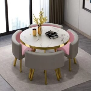 Lanmeng Island Modern Luxury Durable Round Marble Dining Table Set Metal Chairs MDF Top Outdoor Hotel Restaurant Furniture 1 Table 4 Chairs