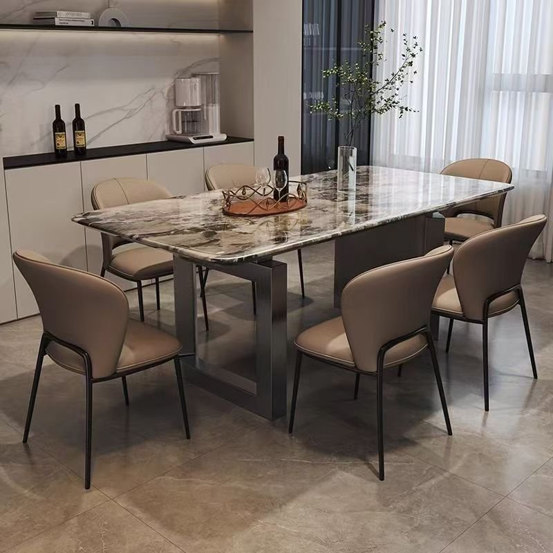 Modern Rectangular Stone Black Metal Pedestal Dining