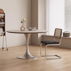 Lanmeng Island Modern Round Travertine Stone Top Dining Room Round Table With Silver Base for Dinner 4 6 Seater Dining Table Set