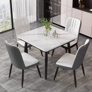 Lanmeng Island Modern White Kitchen Dining Table Set Sintered Stone Table With Black Metal Base 6 Seater Dining Table