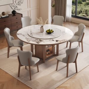 Lanmeng Island Modern Round Sintered Stone Dining Table with Solid Wood Pedestal