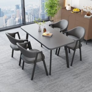 Lanmeng Island Modern Style Simple Leisure Rectangular MDF Dining Table Set 4 Leather Fabric Chairs for Restaurant Coffee Living Room Hotel Use