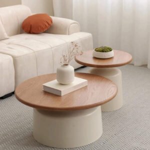 Lanmeng Island Mid-Century Modern Small Living Room Home Coffee Table Solid Wood Round Combination with Carbon Steel for Living Room Furniture