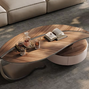 Lanmeng Island Modern Minimalist Walnut-Colored Wood Skin Tea Table Designer Leaf Shaped Small Apartment Living Room Metal Material Bedroom