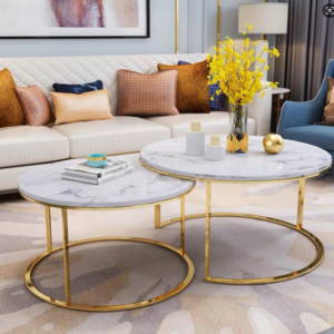 Lanmeng Island Modern White Faux Marble Nest Coffee Table Set Small Living Room Round Coffee Table Durable Metal and Marble Wood