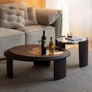 Lanmeng Island Creative Round Glass Coffee Table with Slate Solid Wood Marble Simple Modern Luxury Design for Home Furniture for Living Room