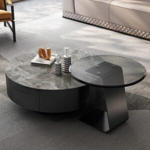 Lanmeng Island Modern Round Stone Wooden Storage Coffee Table Glass Top New Style Living Room Furniture Set Dining Home Furniture Made Marble