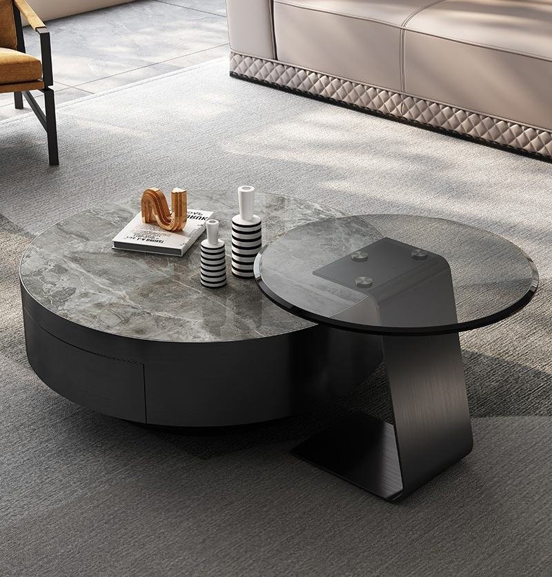 Lanmeng Island Modern Round Stone Wooden Storage Coffee Table Glass Top New Style Living Room Furniture Set Dining Home Furniture Made Marble