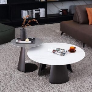 Lanmeng Island Modern White Tea Sintered Stone Coffee Table Set Top Selling Iron Material Design for Home & Dining Two Sizes for Living Room