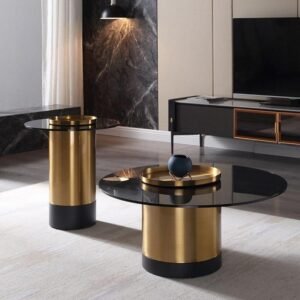 Lanmeng Island High-End Small Round Glass Top Coffee Table Brass Nest Tables Stainless Steel Frame Bedroom Living Room Villa Made Iron Steel
