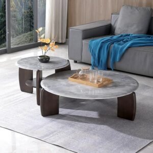 Lanmeng Island Light Luxury Nordic Style Living Room Coffee Table Modern Minimalist Design with Natural Marble Top Solid Wood Leg Features Set