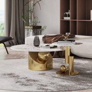 Lanmeng Island Light Luxury Modern Round Coffee Table Creative High-End Stainless Steel with Rock Slab Living Room Furniture Set Manufacturer