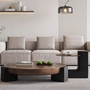 Lanmeng Island Modern Luxury Italian Style Solid Oak Wood Coffee Table Set Round Side Table Dining Living Room Featuring Marble Metal Material