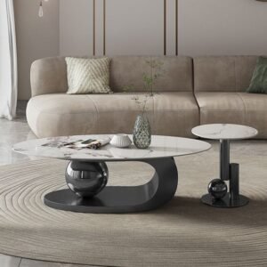 Lanmeng Island Nordic Modern Luxury Living Room Furniture Round Metal Coffee Table with Stone Rock Beam Lift Top Feature
