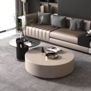 Lanmeng Island Luxury Modern Italian Round Coffee Table Set with Glass Top 2 Solid Wood Drawers Nordic Design Living Room Furniture Home Use