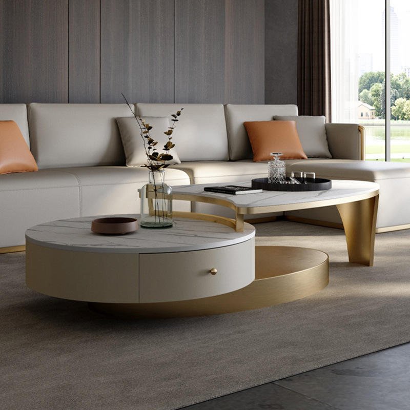 Lanmeng Island Nordic Modern Style Round Coffee Table Simple Living Room Furniture with Luxury Glass Countertop Metal Material for Hotel Home